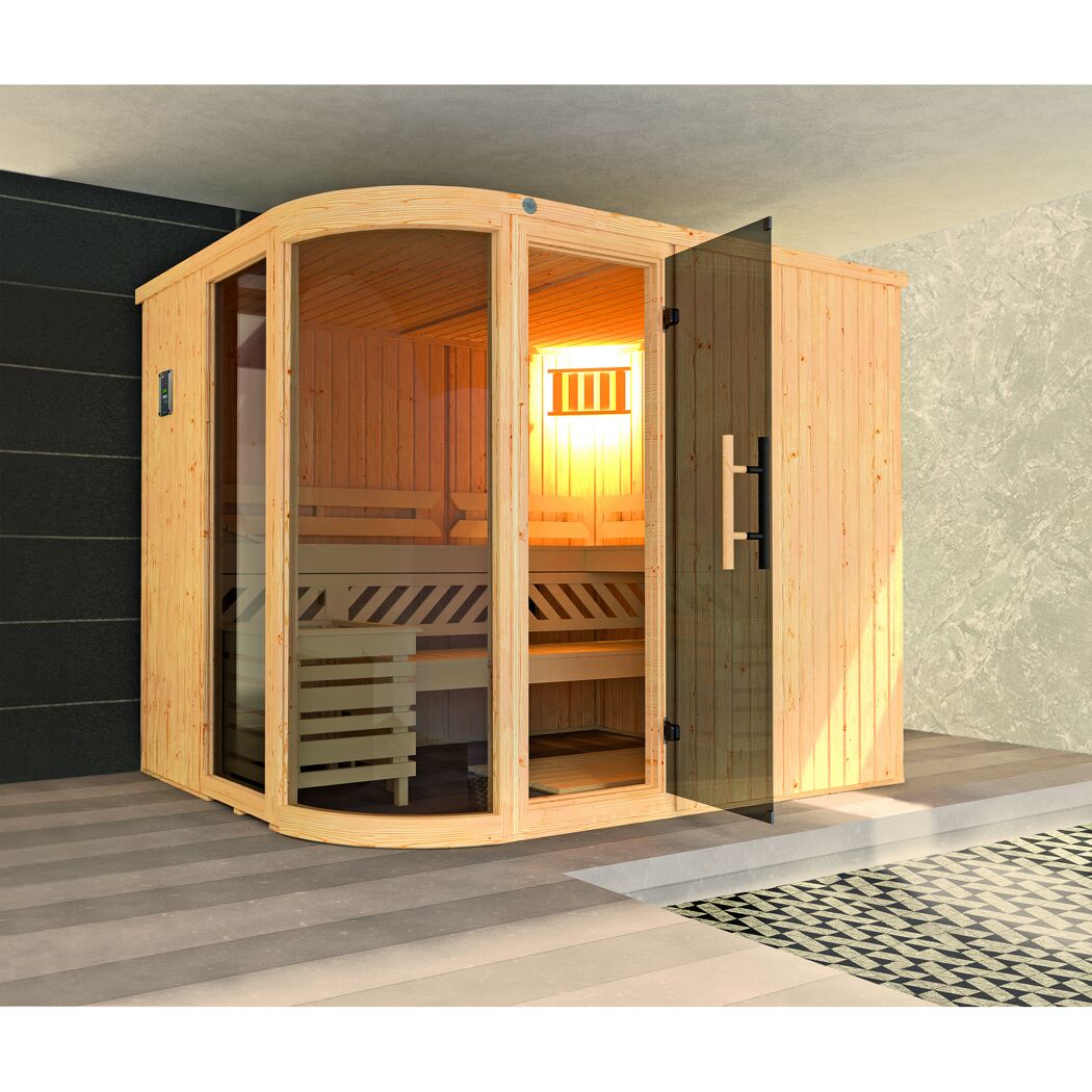 Sauna aus hellem Holz mit offener Glastür