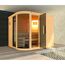 Sauna aus hellem Holz mit offener Glastür