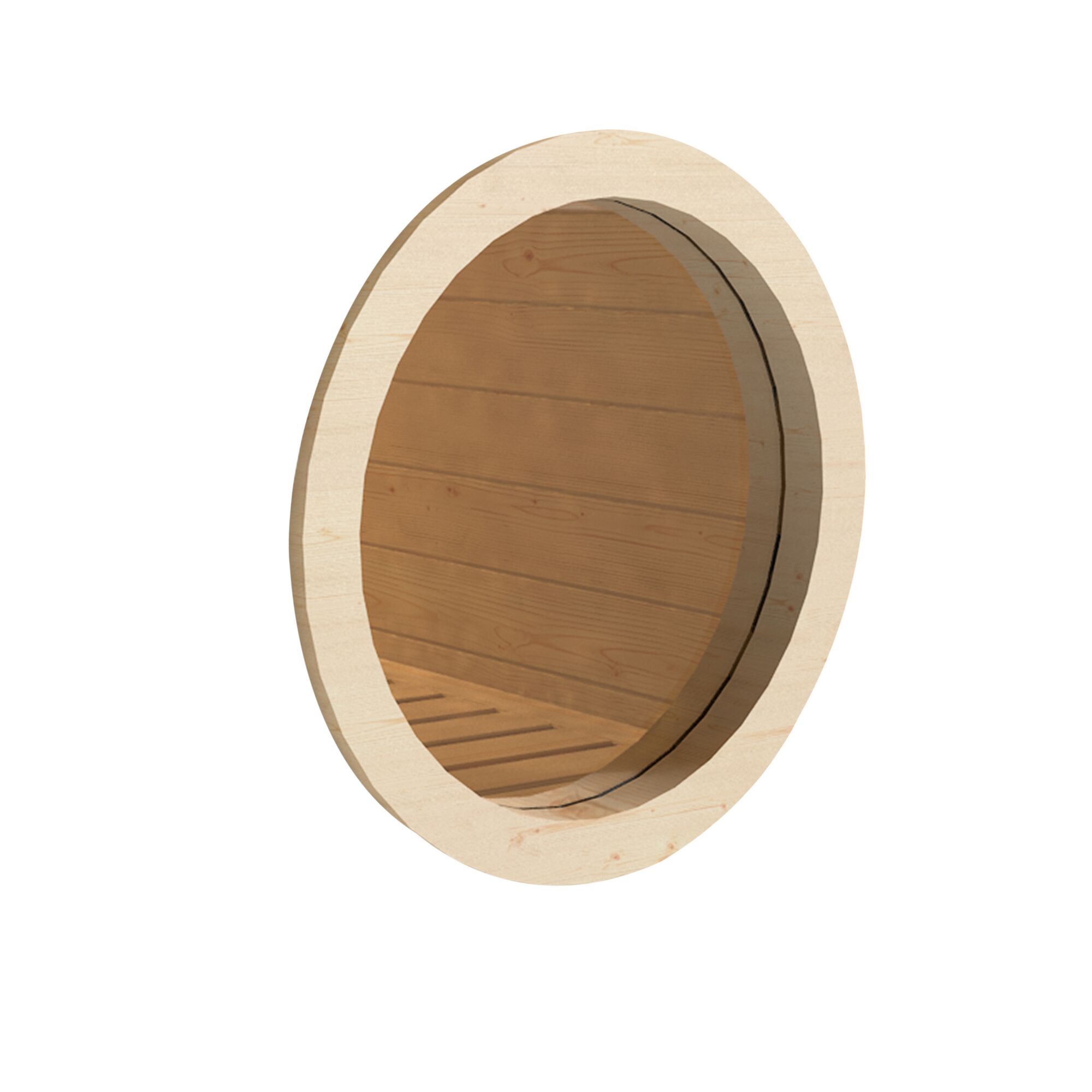 Rundes Fenster für eine Sauna aus hellem Holz.