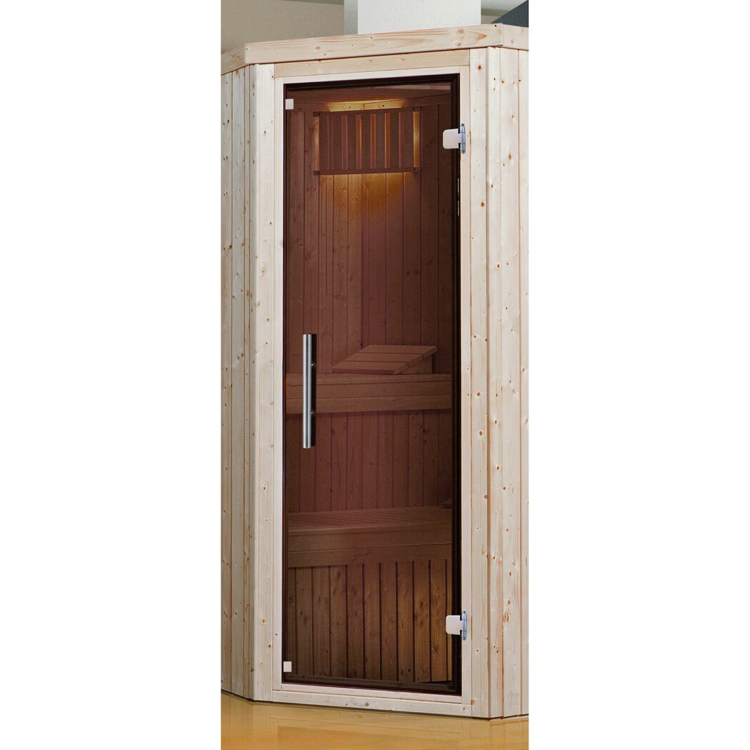 Ecke einer Sauna mit geschlossener Glastür.