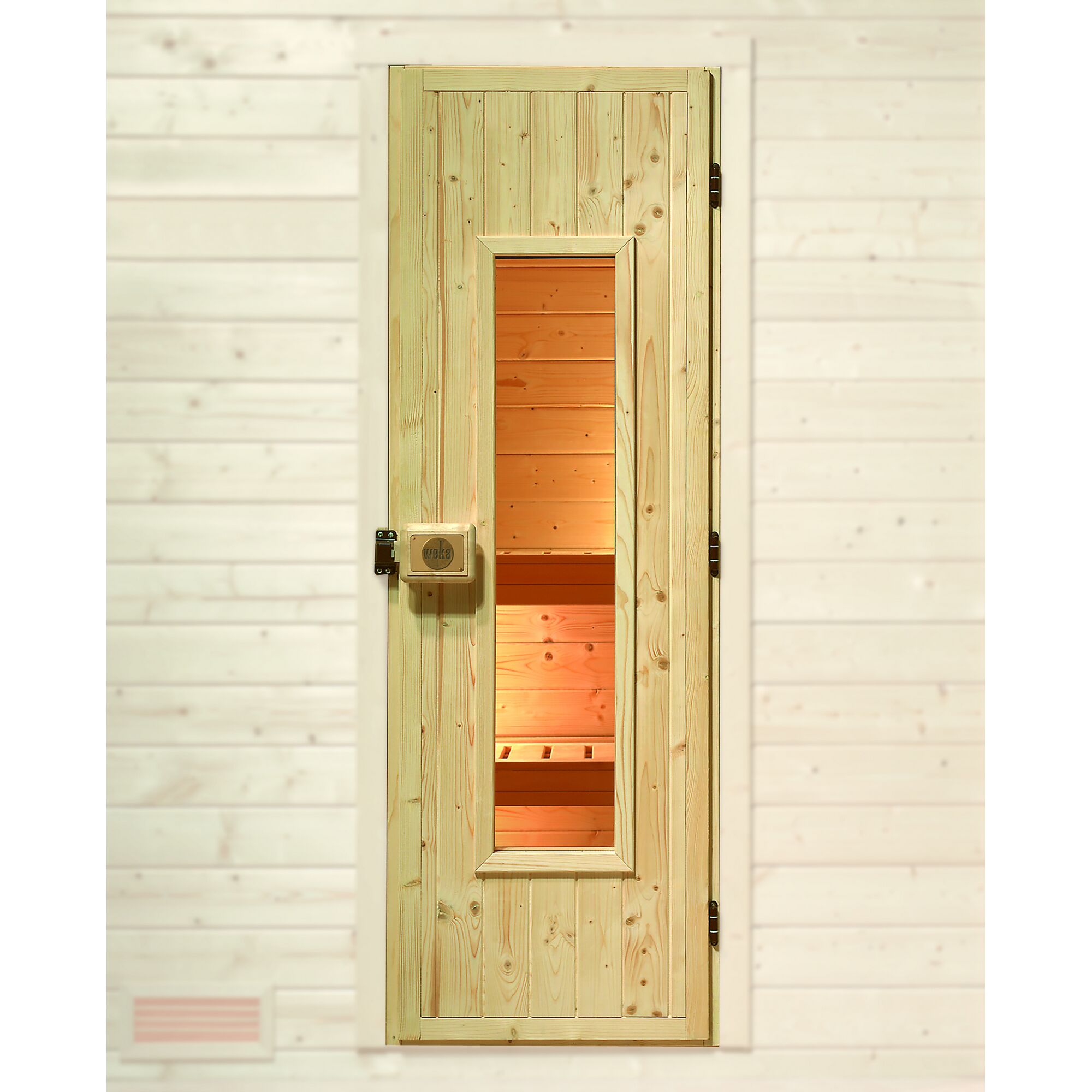 Saunatür aus hellem Holz mit Glaseinsatz.