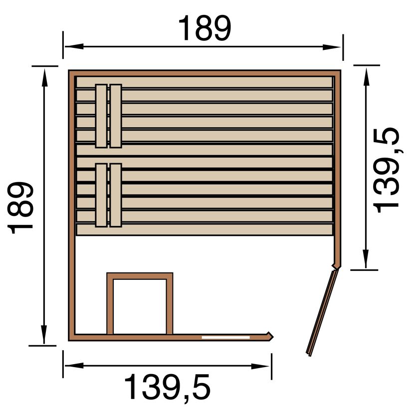 Skizze Massivholzsauna 539 GTF Gr. 2 mit Maßen