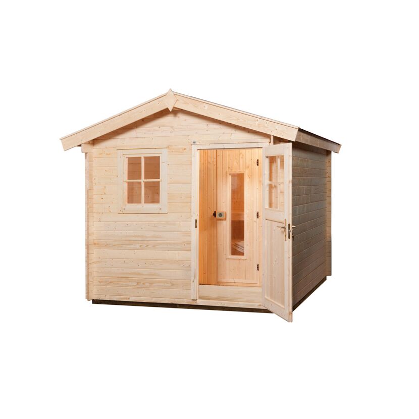 Saunahaus aus Holz mit offener Tür