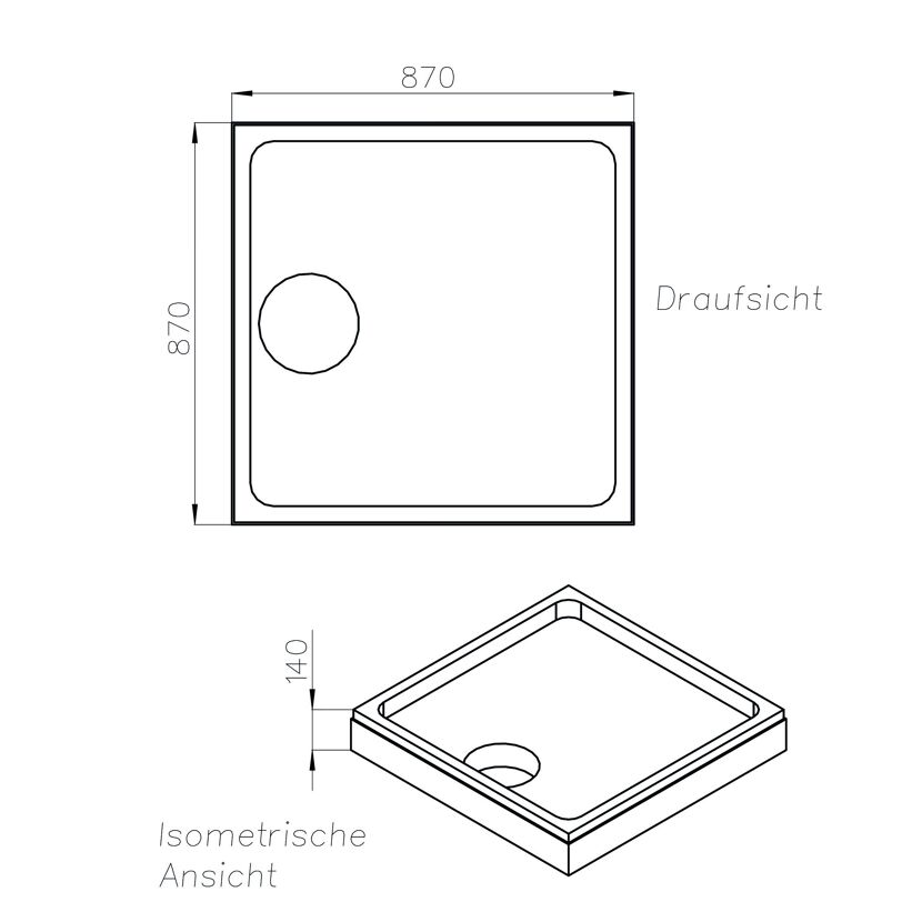 Zeichnung: Wannenträger Pearl 900 x 900 mm