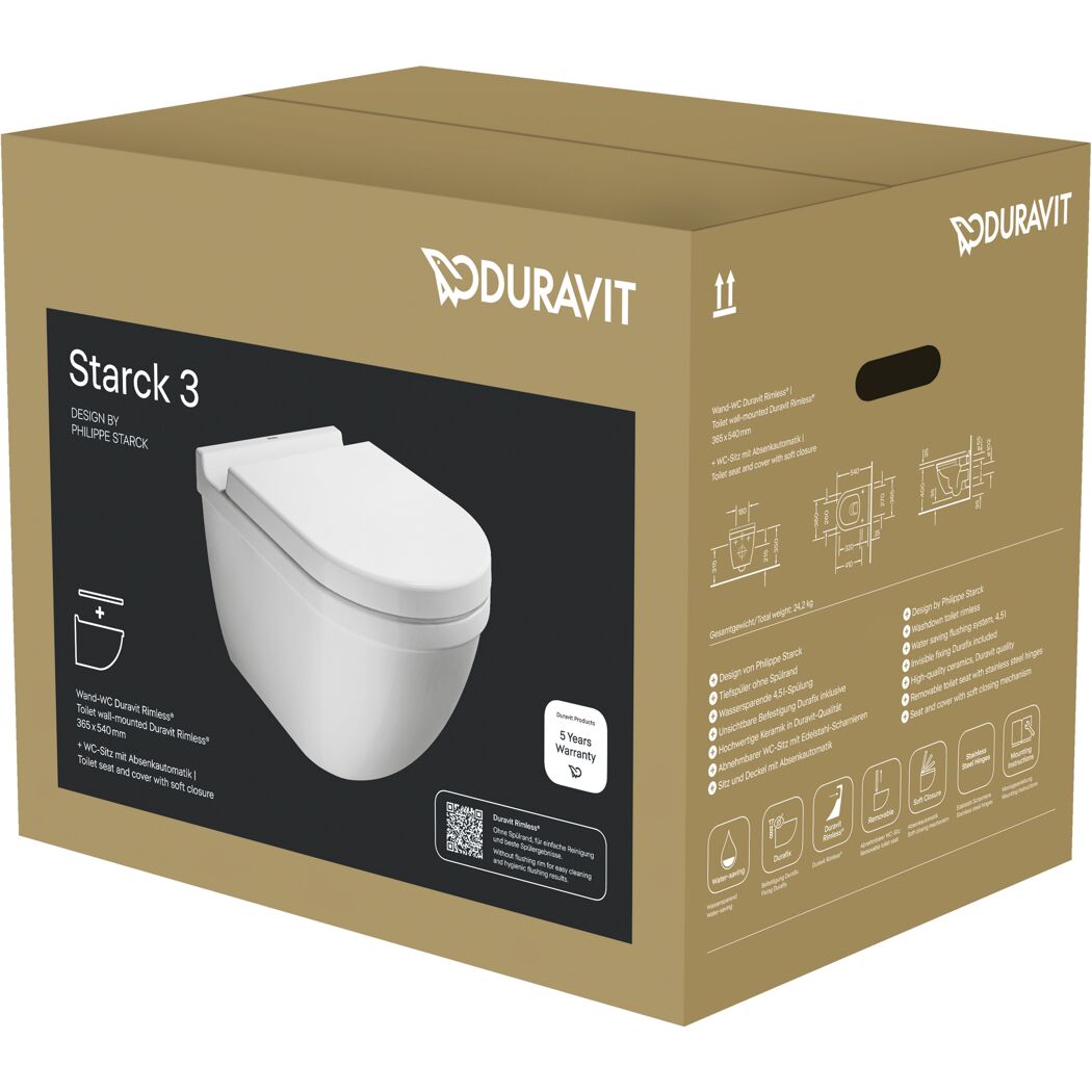 Wand-WC spülrandlos 'Starck 3' inklusive WC-Sitz weiß