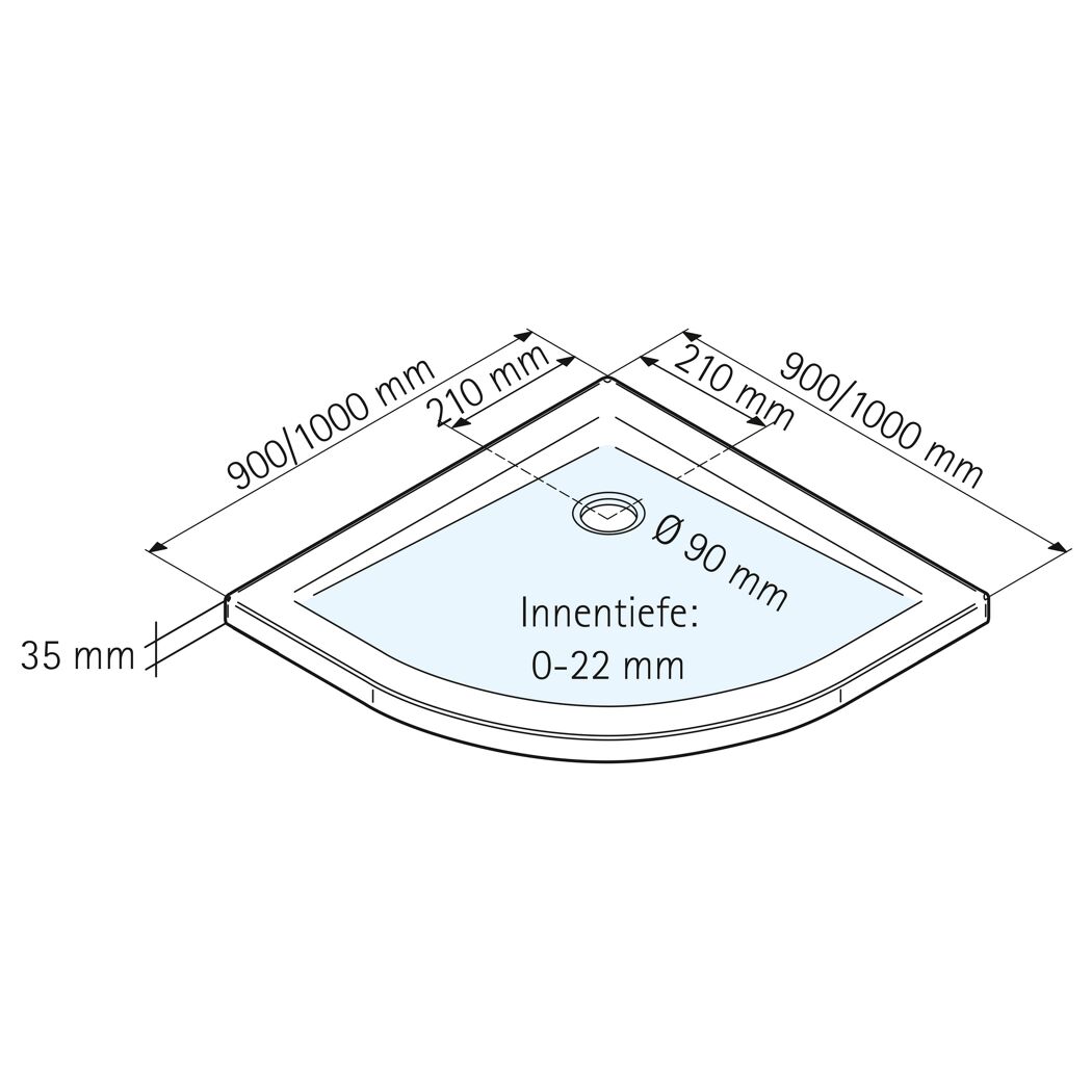 Eckige Duschwanne mit den Maßen 900/1000 x 210 mm