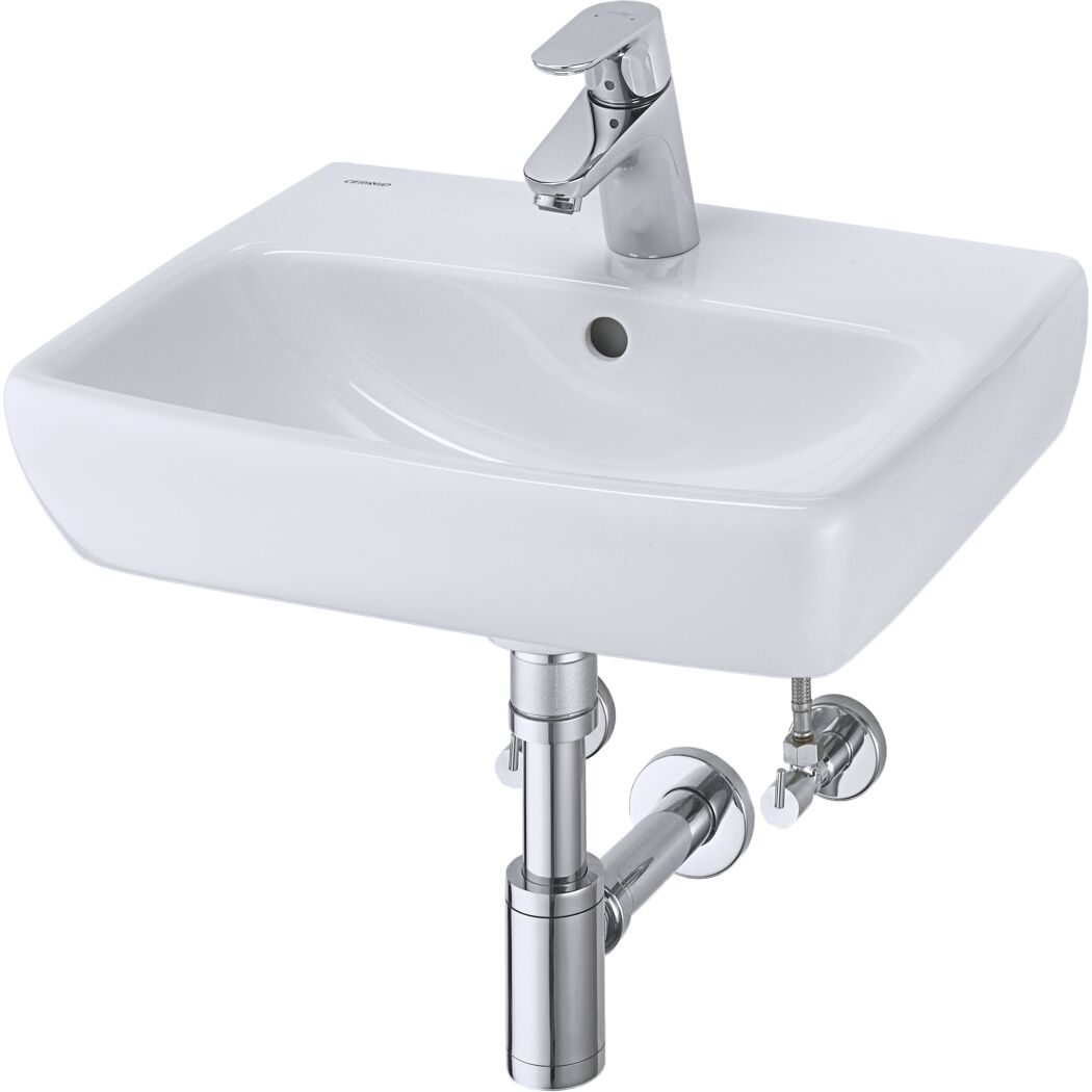 Weißes Handwaschbecken mit Armatur und Abflussrohr