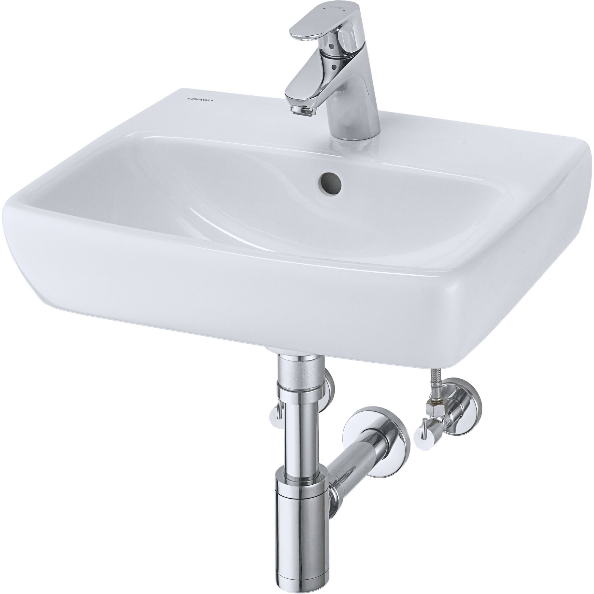Weißes Handwaschbecken mit Armatur und Abflussrohr