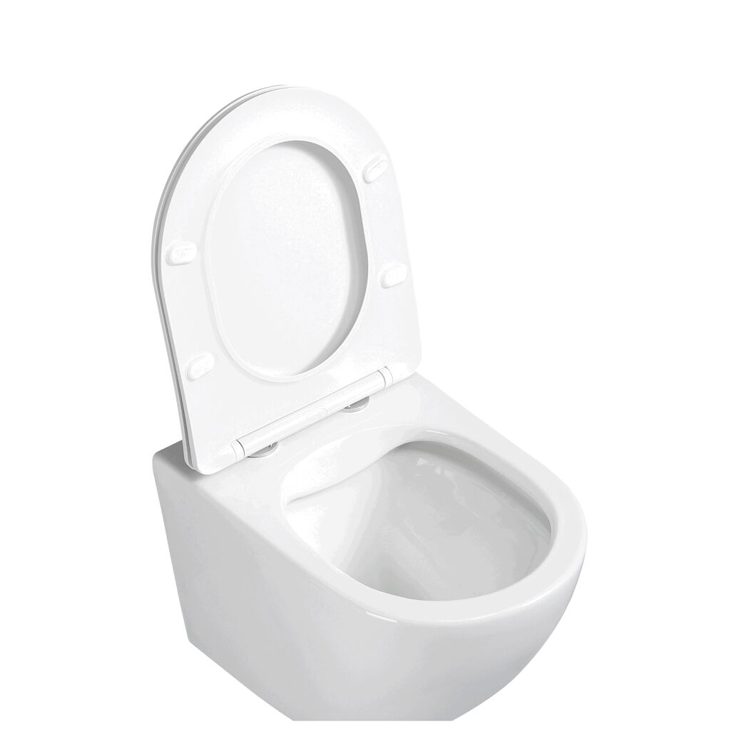 Hängendes, weißes WC mit geöffnetem Deckel.
