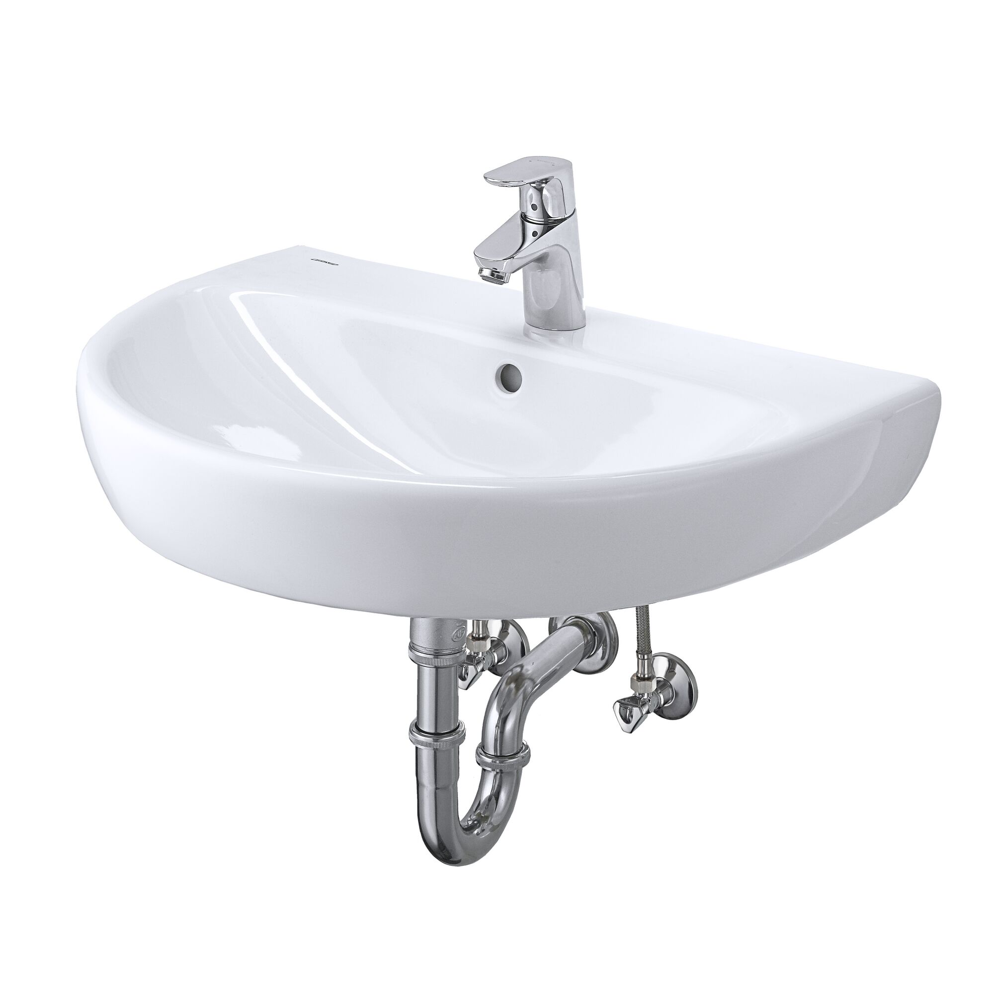 Weißes Handwaschbecken mit Armatur und Abflussrohr.