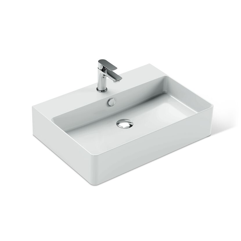 Weißes rechteckiges Waschbecken mit Wasserhahn und Abflussstopfen.
