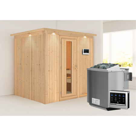 Bild von Systemsauna 'Sodin' mit Bio-Ofen und Dachkranz natur 210 x 202 x 184 cm, 4,5 kW