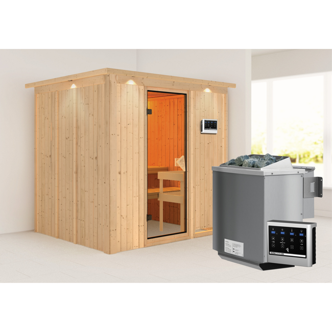 Bild von Systemsauna 'Sodin' mit Bio-Ofen und Dachkranz natur 210 x 202 x 184 cm, 4,5 kW
