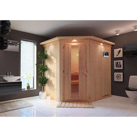 Bild von Systemsauna 'Siirin' mit Bio-Ofen und Dachkranz natur 210 x 202 x 184 cm, 4,5 kW
