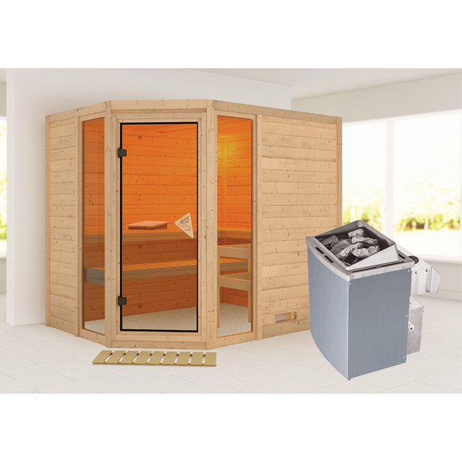 Bild von Massivholzsauna 'Sinai 3' mit Ofen natur 236 x 209 x 184 cm, 9 kW