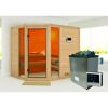 Ecksauna aus Holz mit Saunaofen