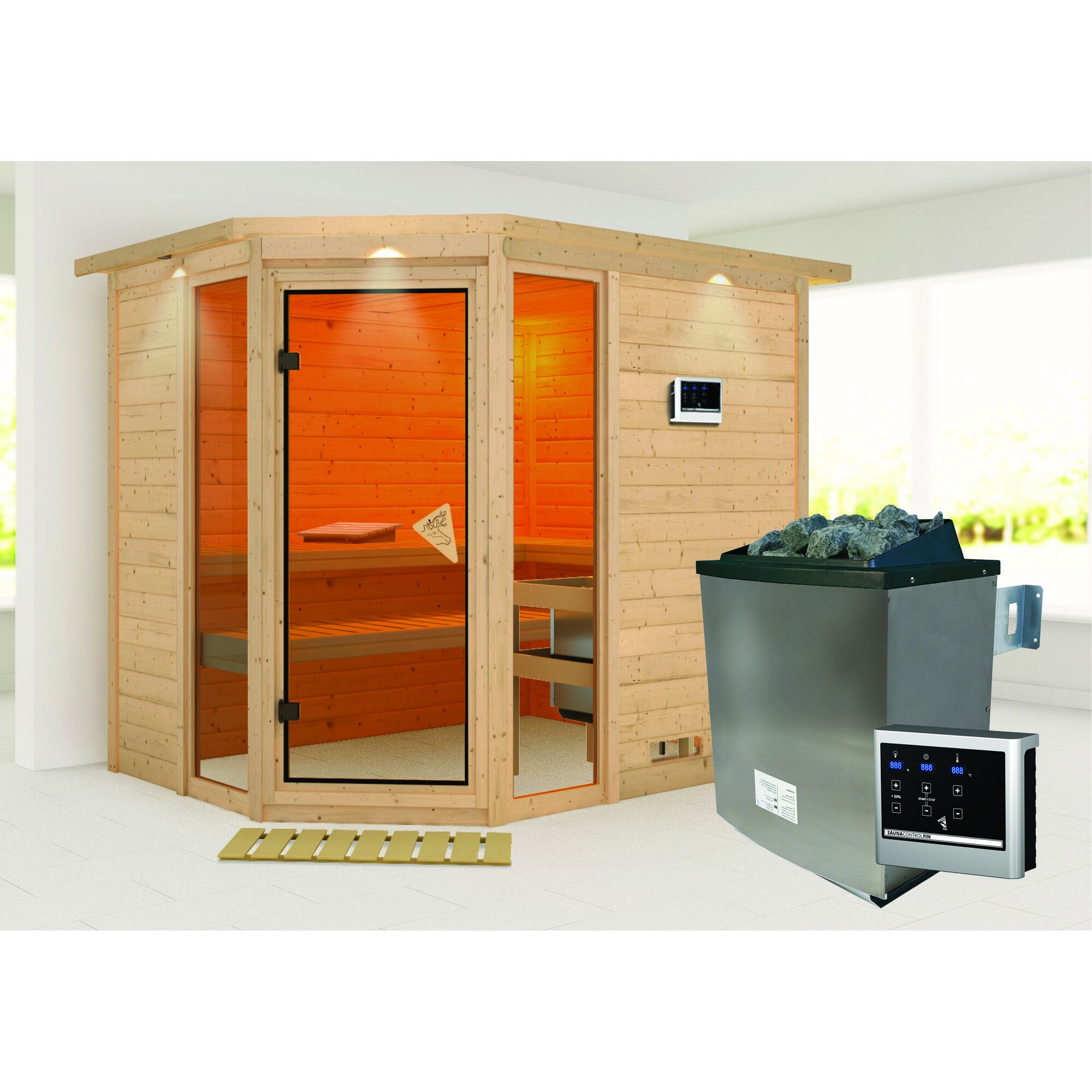 Eck-Sauna aus Holz mit Saunaofen