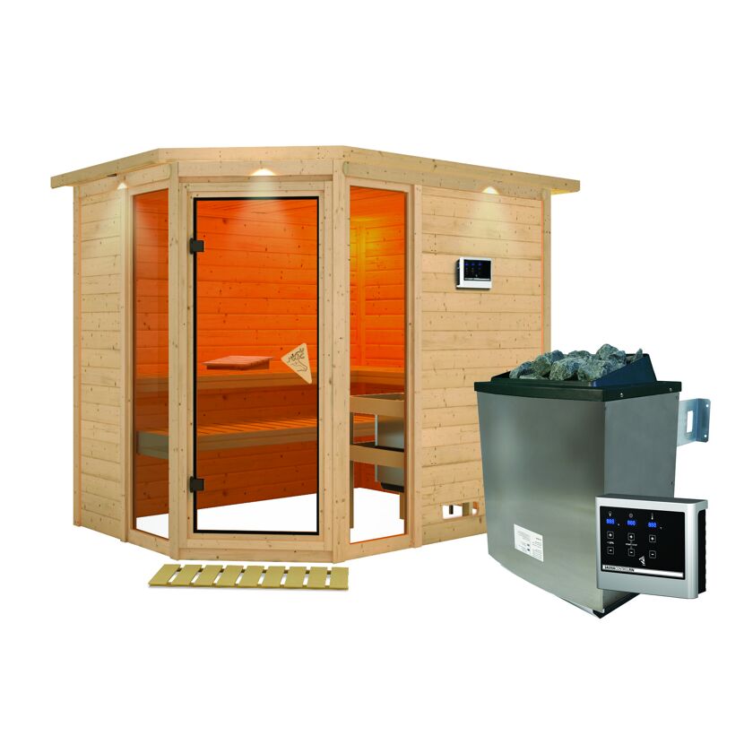 Eck-Sauna aus hellem Holz mit Saunaofen
