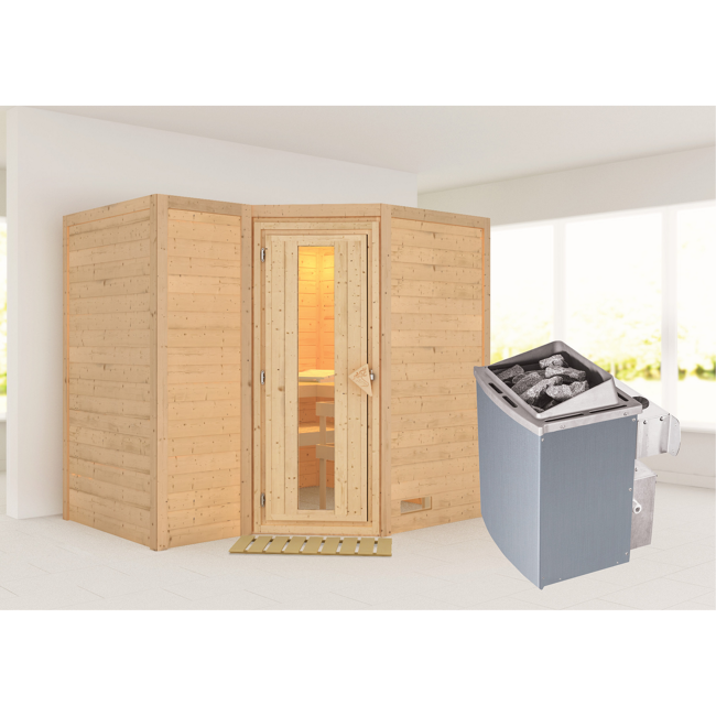 Bild von Massivholzsauna 'Sahib 2' mit Ofen natur 236 x 209 x 184 cm, 9 kW