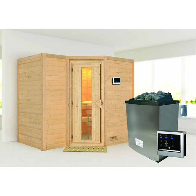 Bild von Massivholzsauna 'Sahib 2' mit Ofen natur 236 x 209 x 184 cm, 9 kW