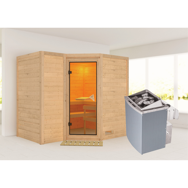 Bild von Massivholzsauna 'Sahib 2' mit Ofen natur 236 x 209 x 184 cm, 9 kW