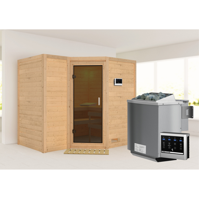 Bild von Massivholzsauna 'Sahib 2' mit Bio-Ofen natur 236 x 209 x 184 cm, 9 kW