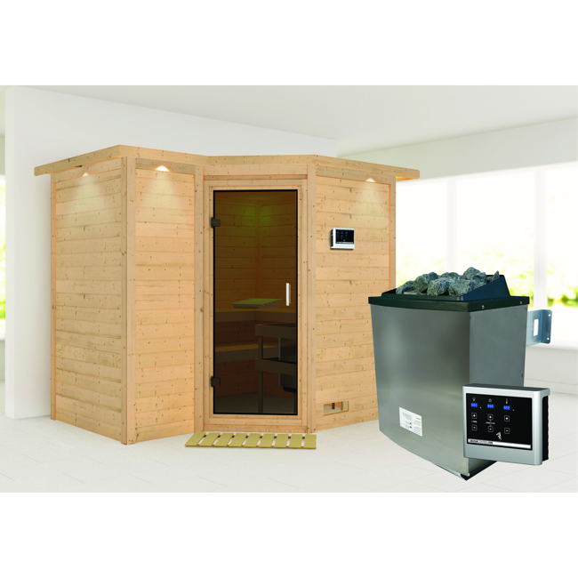 Bild von Massivholzsauna 'Sahib 2' mit Ofen und Dachkranz natur 264 x 212 x 198 cm, 9 kW