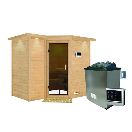 4. Bild von Massivholzsauna 'Sahib 2' mit Ofen und Dachkranz natur 264 x 212 x 198 cm, 9 kW