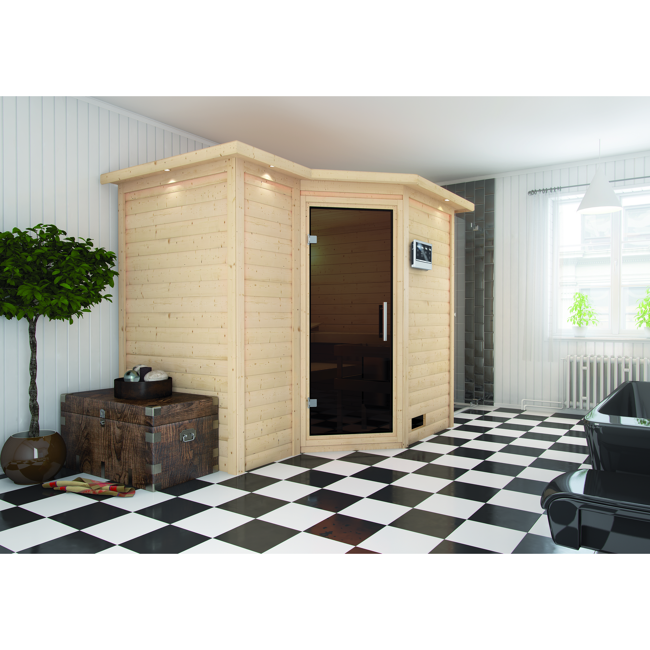 Bild von Massivholzsauna 'Sahib 2' mit Bio-Ofen und Dachkranz natur 264 x 212 x 198 cm, 9 kW