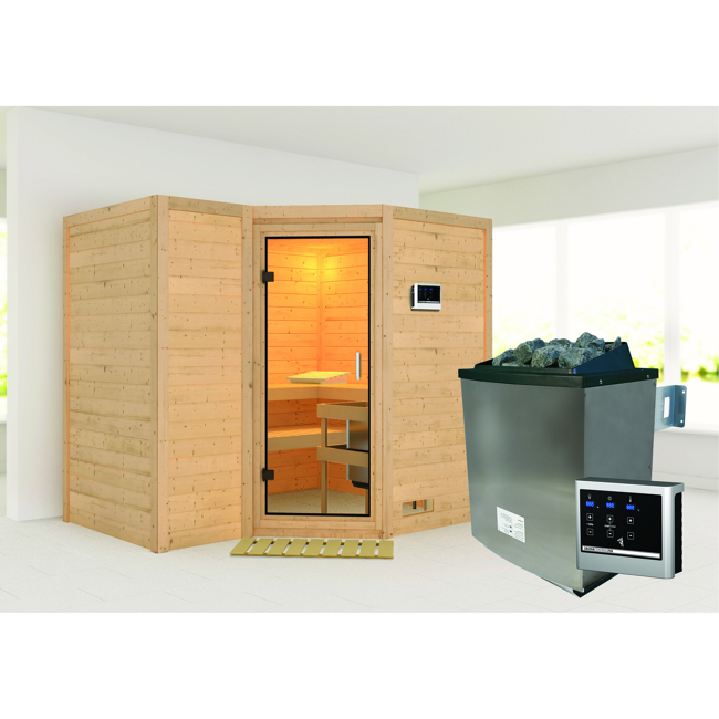 Bild von Massivholzsauna 'Sahib 2' mit Ofen natur 236 x 209 x 184 cm, 9 kW