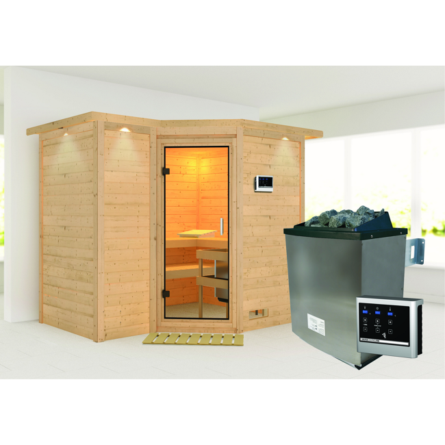 Bild von Massivholzsauna 'Sahib 2' mit Ofen und Dachkranz natur 264 x 212 x 198 cm, 9 kW