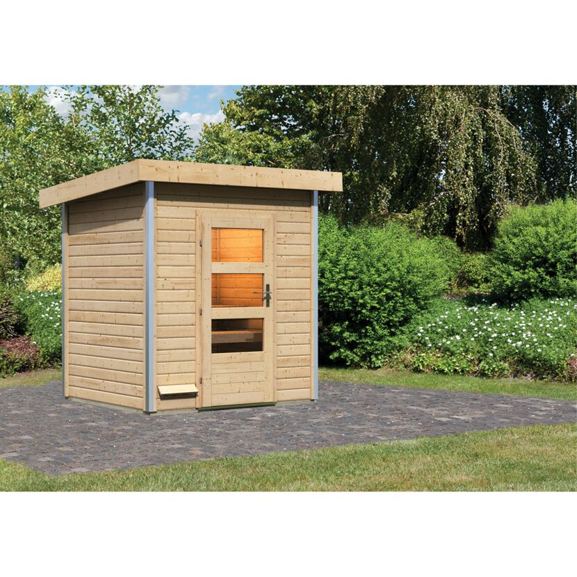 Saunahaus Jorgen aus Holz in einem Garten