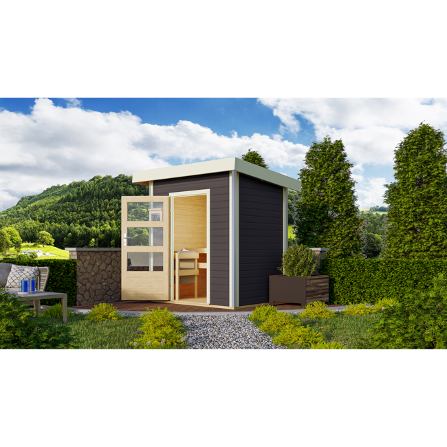 Bild von Massivholzsauna 'Jorgen' mit Ofen grau 196 x 228 x 146 cm, 9 kW