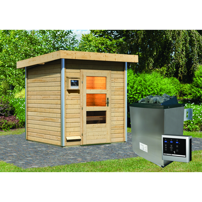 Bild von Massivholzsauna 'Torge' mit Ofen natur 196 x 228 x 196 cm, 9 kW