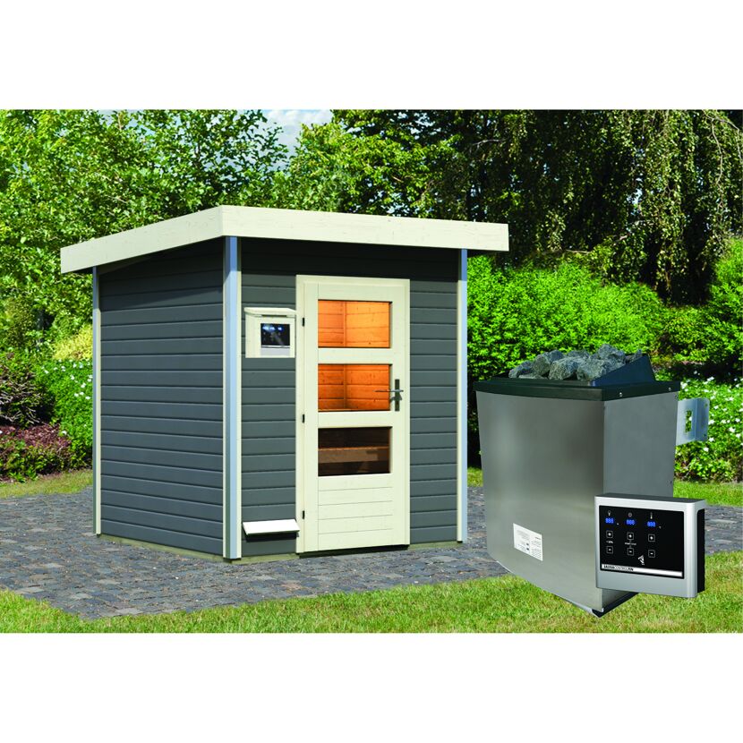 Grau-beiges Saunahaus Torge mit 9kW Ofen