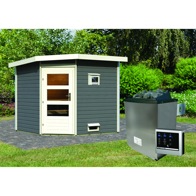 Bild von Massivholzsauna 'Heikki' mit Ofen grau 231 x 226 x 231 cm, 9 kW