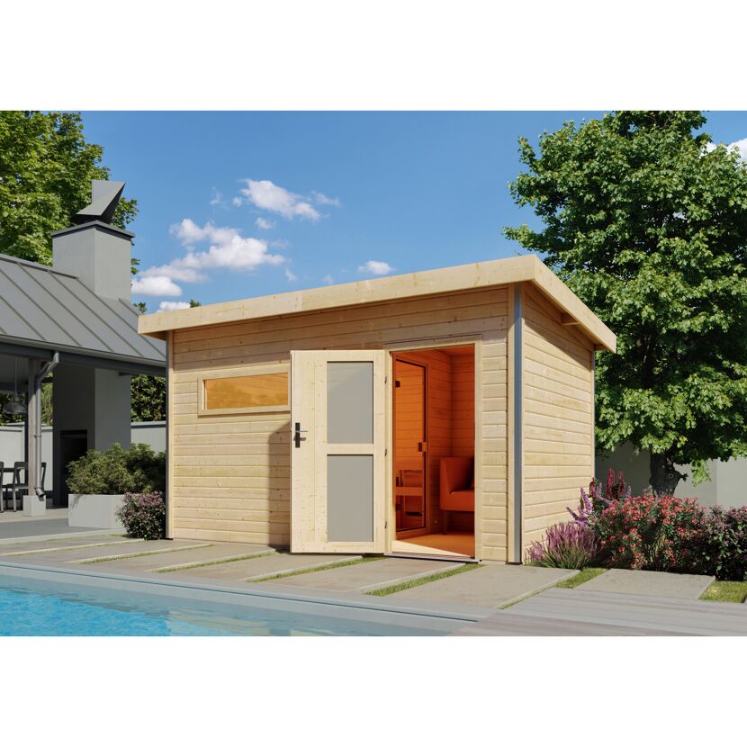 Sauna Skrollan3 aus Holz am Pool