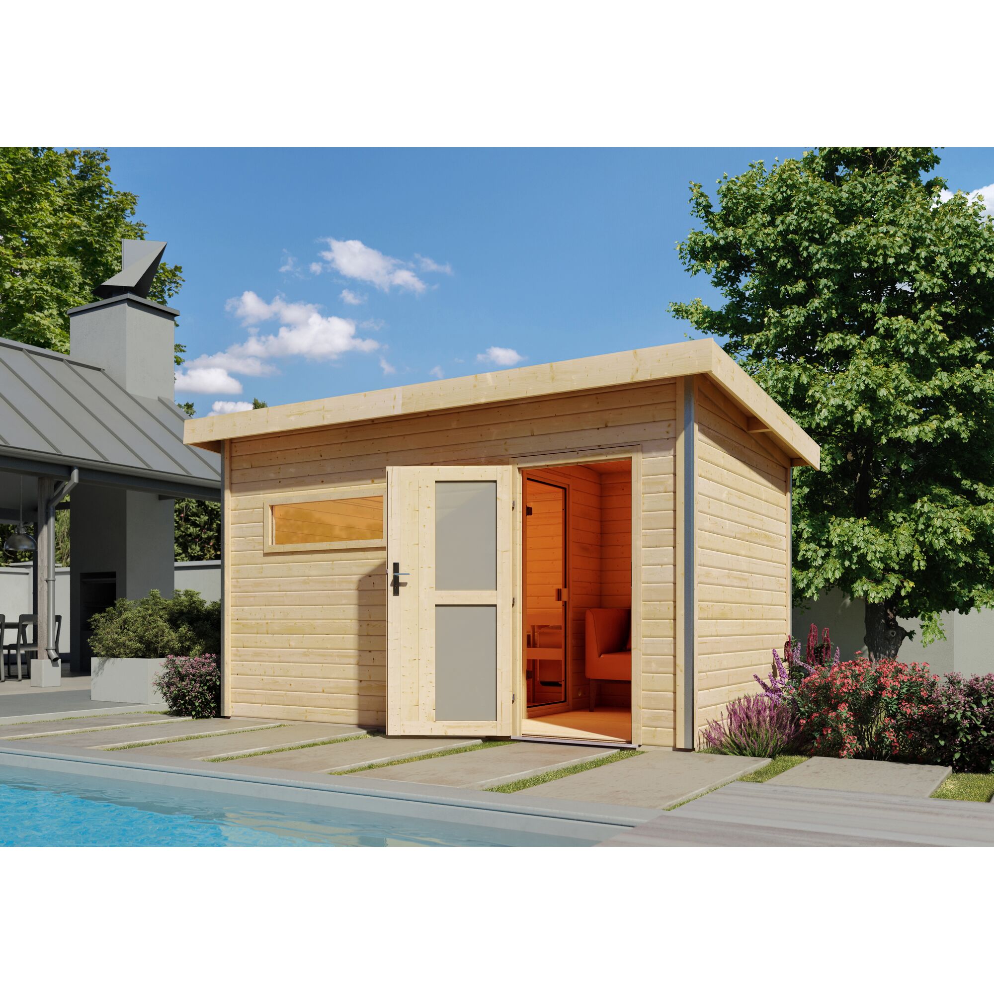 Sauna Skrollan3 aus Holz am Pool