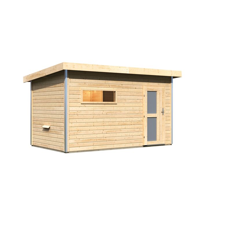 Sauna Skrollan3 aus Holz mit Fenster und Tür.