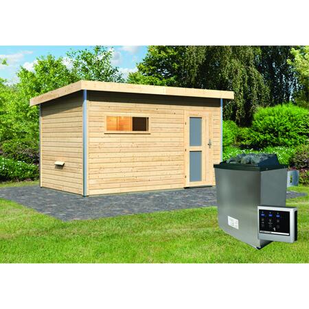 3. Bild von Massivholzsauna 'Skrollan 3' mit Vorraum und Ofen natur 396 x 227 x 231 cm, 9 kW