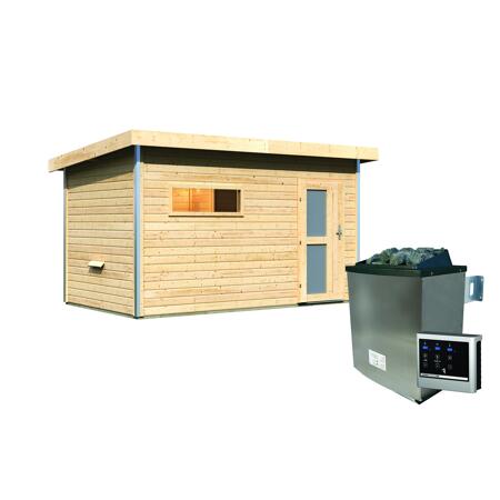 5. Bild von Massivholzsauna 'Skrollan 3' mit Vorraum und Ofen natur 396 x 227 x 231 cm, 9 kW