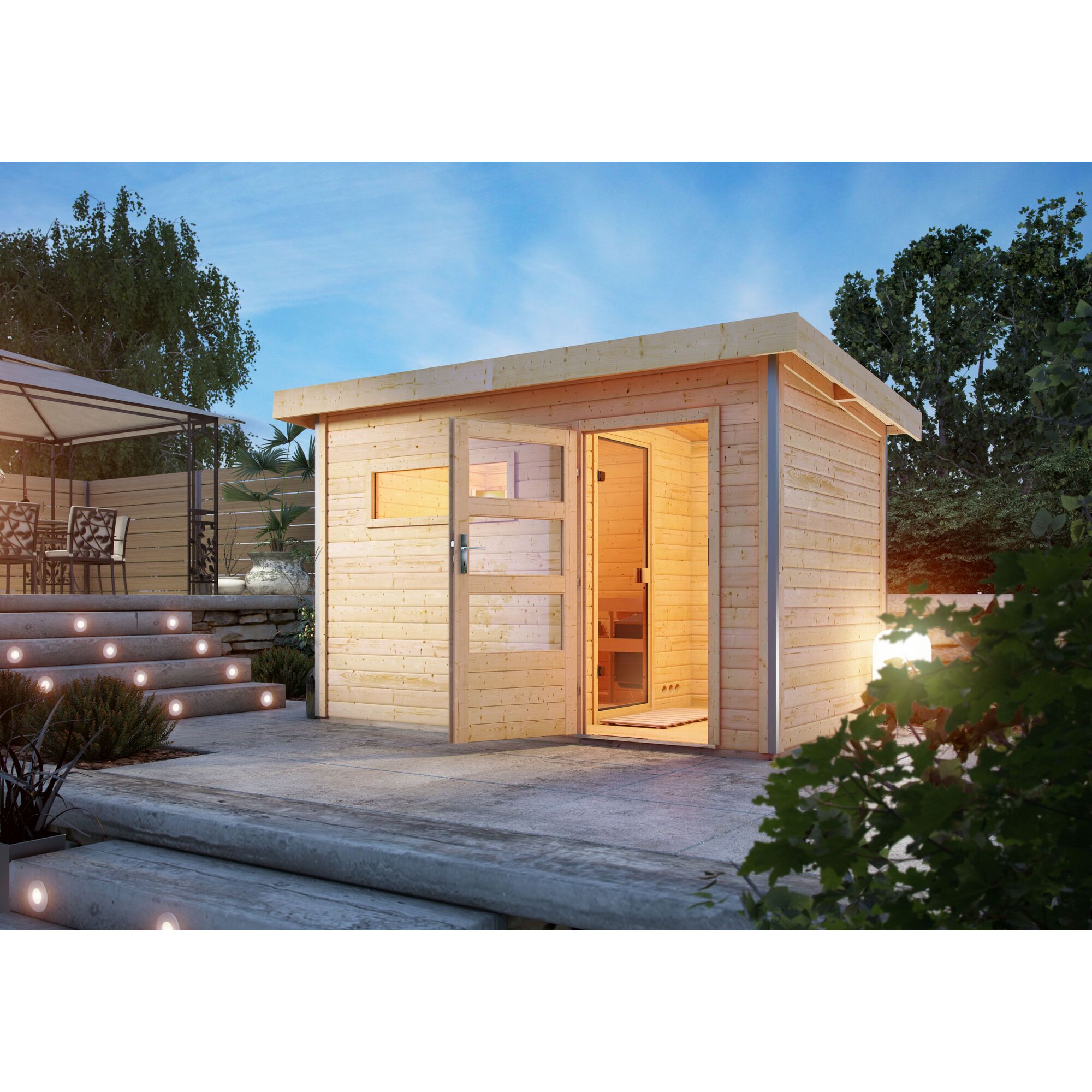 Saunahaus Skrollan mit offener Tür