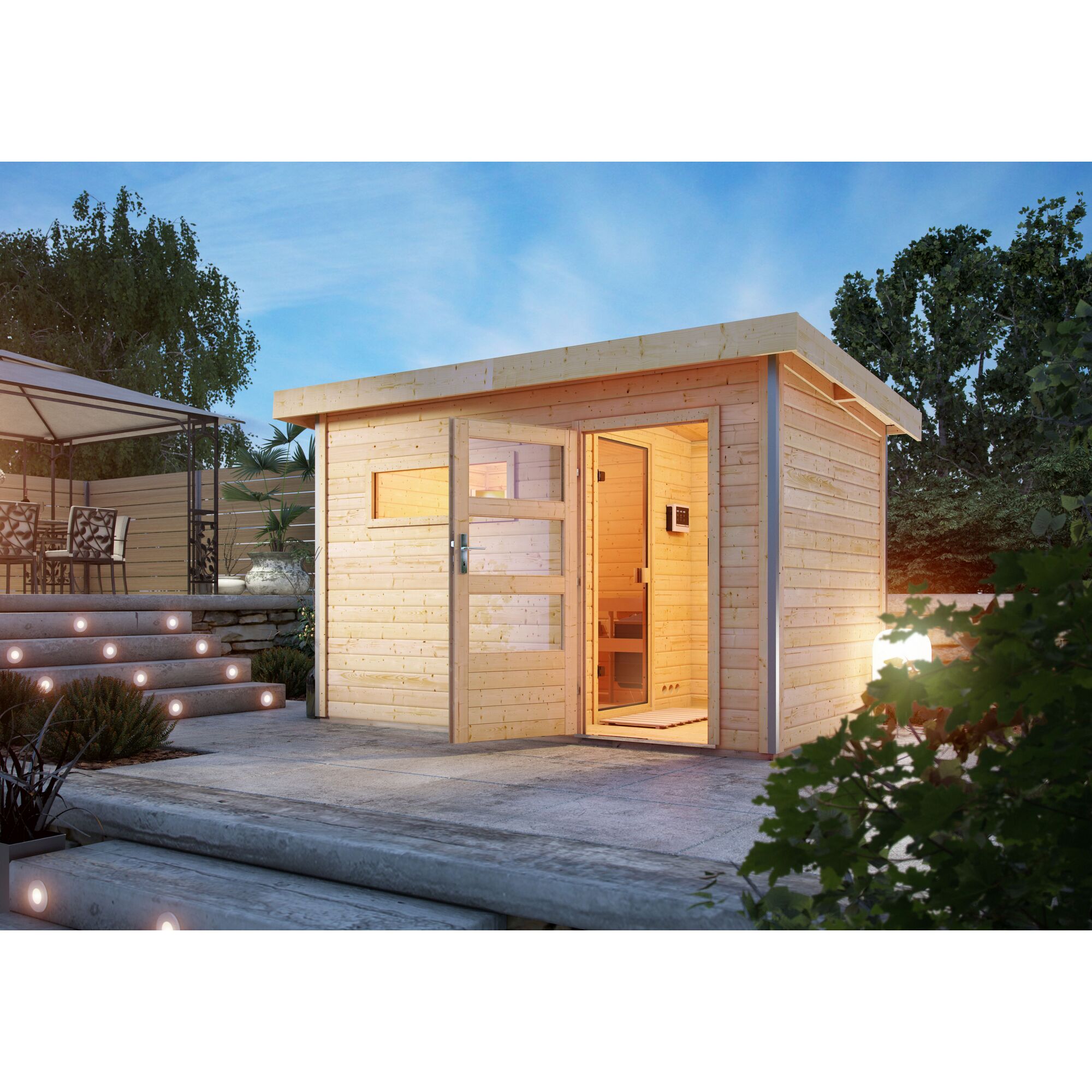 Saunahaus Skrollan mit geöffneter Tür