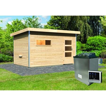 3. Bild von Massivholzsauna 'Skrollan 3' mit Vorraum und Ofen natur 396 x 227 x 231 cm, 9 kW