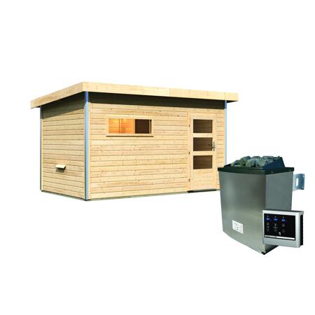 5. Bild von Massivholzsauna 'Skrollan 3' mit Vorraum und Ofen natur 396 x 227 x 231 cm, 9 kW