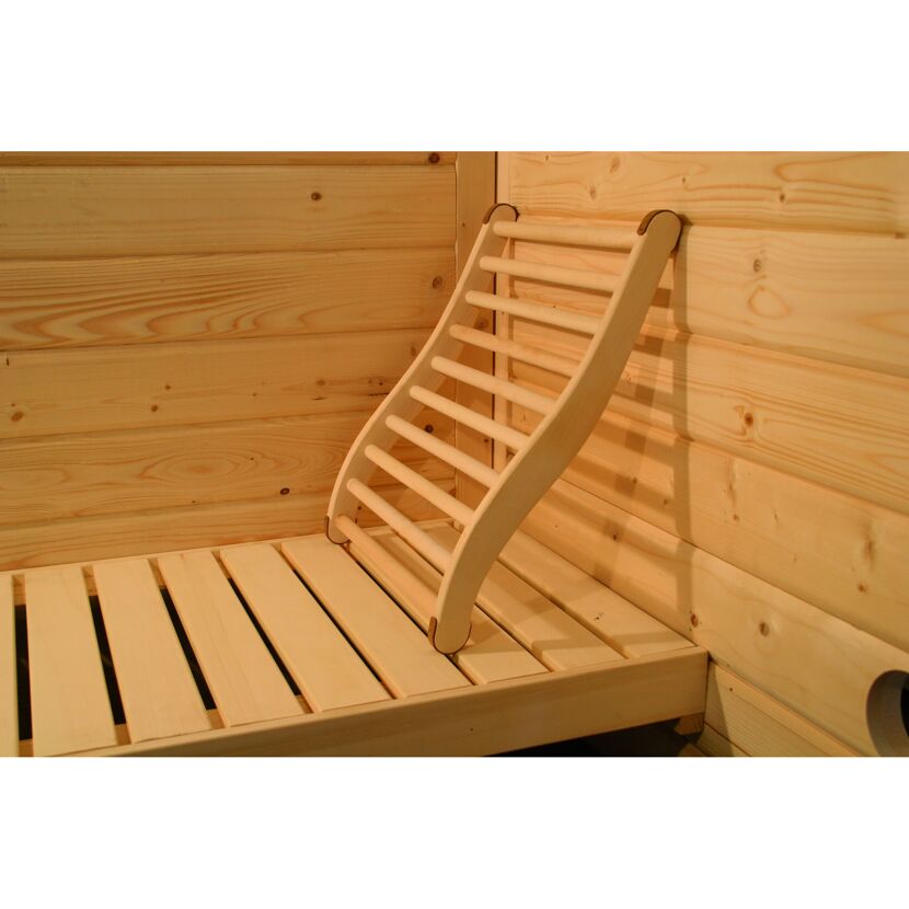 Ergonomische Rückenlehne für Sauna aus hellem Holz.