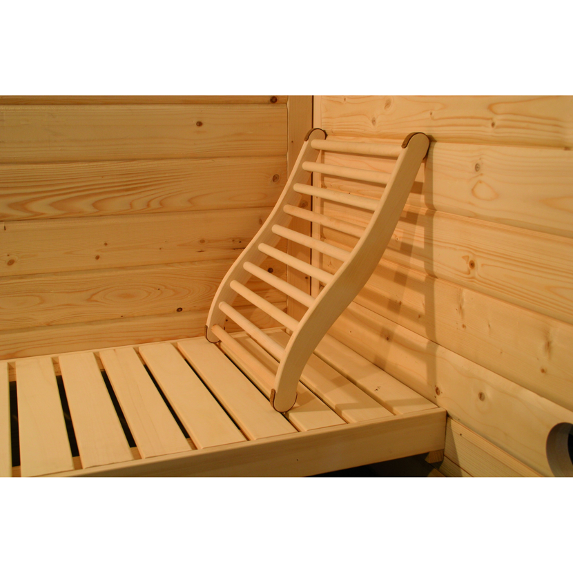 Ergonomische Rückenlehne für Sauna aus hellem Holz.
