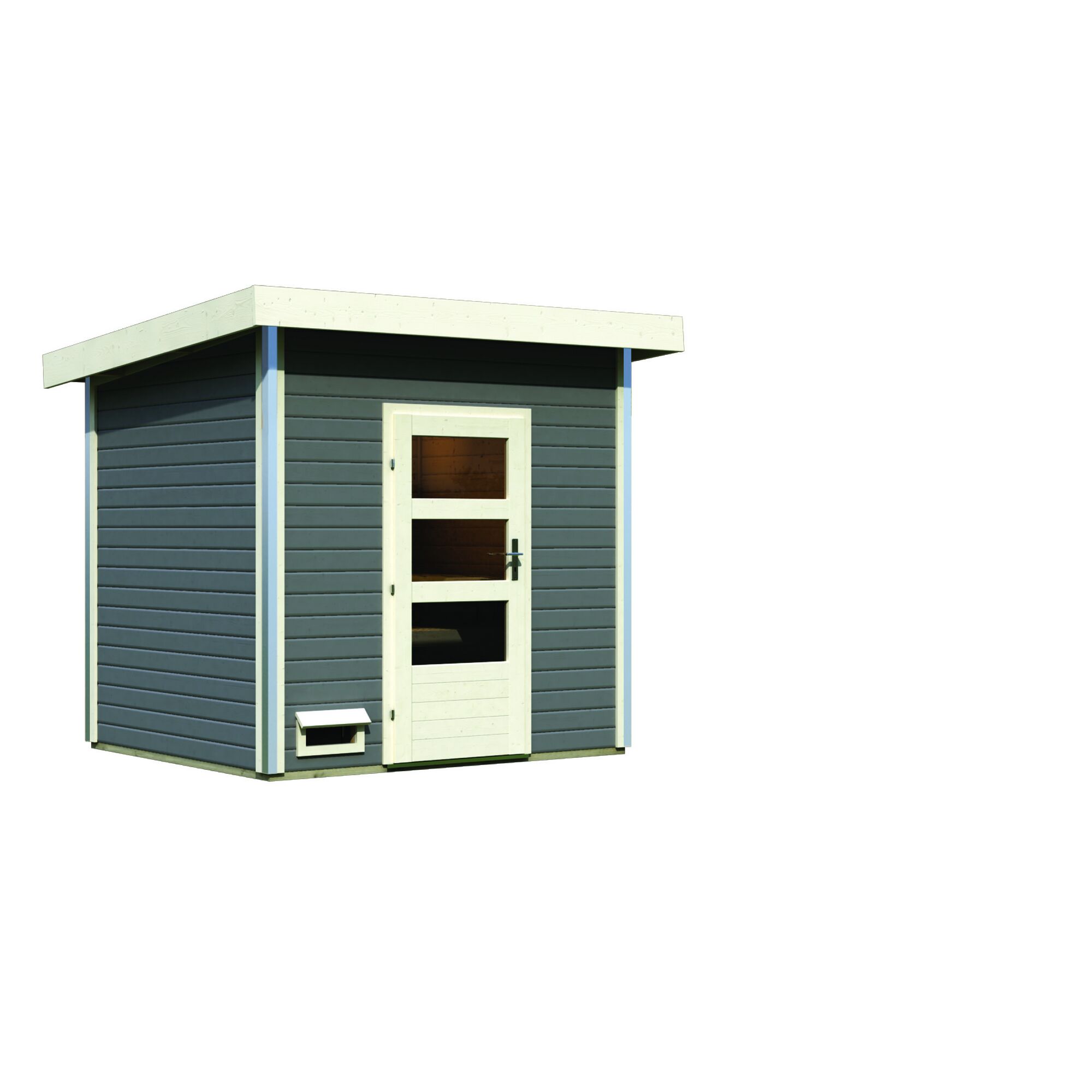 Graues Saunahaus Norge ohne Ofen mit heller Tür und Fenstern.