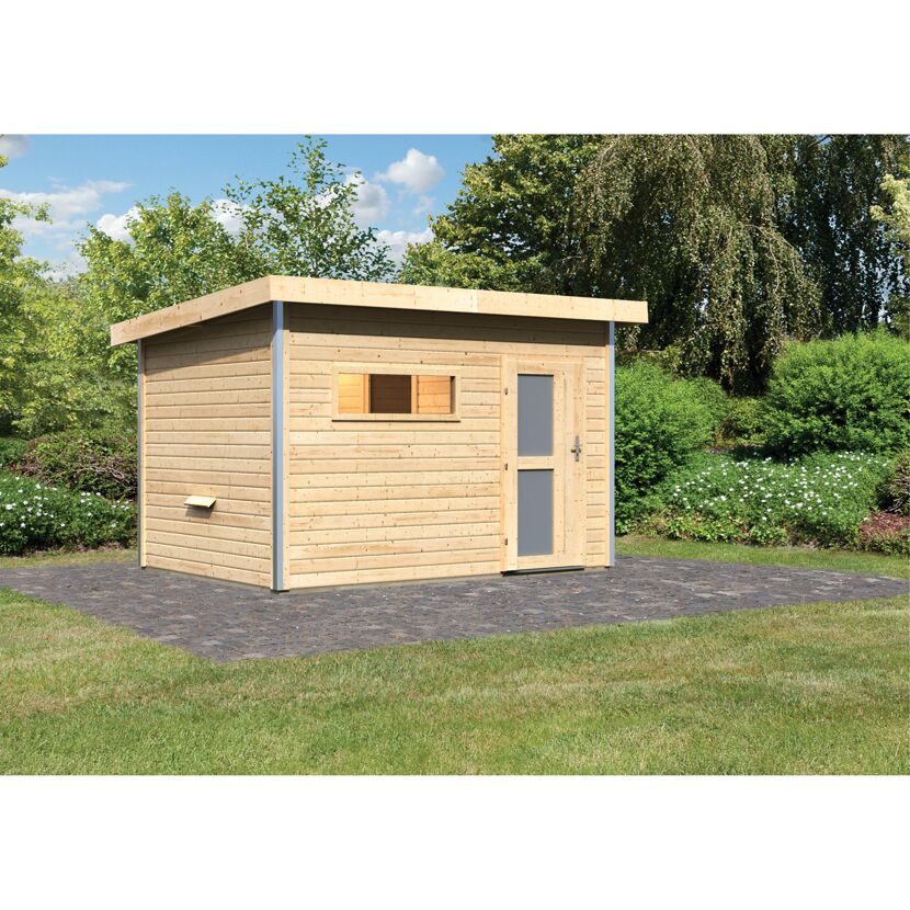 Kleines Saunahaus aus Holz mit Flachdach
