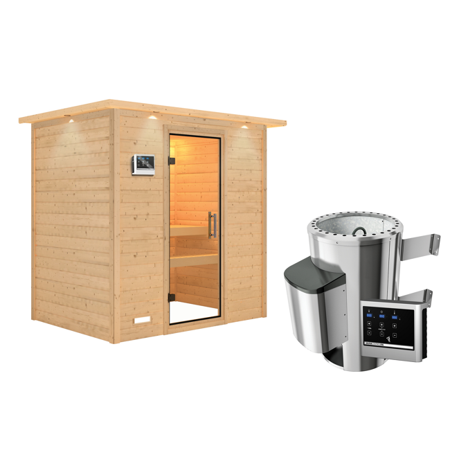 Bild von Massivholzsauna 'Ronja' natur 3,6 kW Plug & Play Ofen, Steuergerät Easy, Kranz 224 x 160 x 202 cm